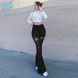 Shopmocho Women High Waist Black Flare Jeans Lady Bell Bottom Ripped Denim Pants Streetwear Distressed Classic Full Length Long Trouser
