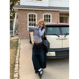 SHOPMOCHO Blue Womens Jeans High Waist Vintage Design Hip Hop Straight Baggy Denim Pants Street Y2K American Style Wide Leg Denim Trouser