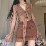 SHOPMOCHO-Long Flare Sleeve Sexy Sweet Hot Girls Korean Blouses for Women Lace-up Mesh Fashion Style All-match Solid Design Elegant Casual