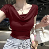 SHOPMOCHO Summer Thread Solid Color Beach Fashion Versatile Women's Short Sleeved T-shirt Casual Lightweight Breathable Sexy Women's Top