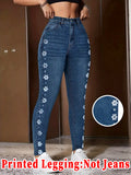 SHOPMOCHO Fashion Women Faux Denim Printed Skinny Pants, High Elastic Seamless Fake Pocket Casual Sports Long Leggings