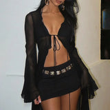 Shopmocho Abrini Women Black Sheer Mesh Beach Dress Female Sexy Lace-Up Cardigan Maxi Dress Long Sleeve Elegant Holiday Party Dress Summer