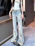 SHOPMOCHO Summer Women Goblin Core Abi Grunge Cyber Punk Flare Jean Y2k Japanese Harajuku Low Rise Ripped Denim Pants 2000s Bell-Bottom