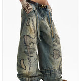 SHOPMOCHO American New Fashion Men's Blue Casual Trendy Daily Loose Wide Leg Hole Patched Embroideried Denim Trousers Male Jeans Pants