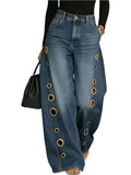 SHOPMOCHO Summer 2026 New American Women Denim Pants Hollow Eyelet Wide Leg Loose Y2K Korean Vintage Streetwear Full Length Jeans