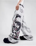 SHOPMOCHO New White Jeans Y2K Dragon Pattern Mens American High Street Retro Korean Straight Pants Harajuku Hip-Hop Couple Wide Pants