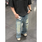 SHOPMOCHO Men's Jeans Man Pants Heavy Duty Washed Multi Pocket Carpenter Style Straight Loose Denim Trousers Casual Fit High Street