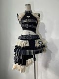 Shopmocho Summer Vintage Elegant Y2K Woman 2 Piece Sets Punk Gothic Strapless Crop Tops +High Waist Ruffle Skirt Female Party Outfits 2025