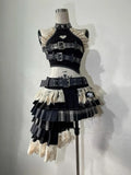 SHOPMOCHO Summer Gothic Retro Fur Trim Corset Design Woman Suit Y2k Slim Lolita Elegant 2 Piece Sets Female Korea Style Sexy Chic Outfits