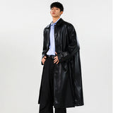 SHOPMOCHO Mens PU Trench Coat 2025 Autumn Winter Windproof Long Outerwear Jacket Fashionable Trendy Leather Coat For Men