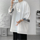 SHOPMOCHO men t shirts Summer Men's T-shirts Women Oversized 2XL Korean Style Loose Plaid T-shirt Casual Seven sleeves T-Shirt Male White