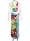 Shopmocho Weird Puss Colorful Leopard Women 2 Piece Set Y2K Beach Vacation Halter Tank Tops+Wrapped Maxi Skirts Matching Vacation Clubwear