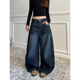 Shopmocho Blue Women's Retro Y2K 2000s Wide Leg Baggy Casual Denim Trouser High Waist Loose Jeans 2025 Autumn Harajuku Full Length Pants