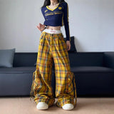 Shopmocho American Style Streetwear Large Pocket Red Plaid Work Casual Pants Women's Winter 2025 New Loose-Fit Wide-Leg Drag Pants