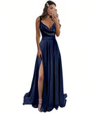 Shopmocho Satin Prom Dresses Pockets Draped Neck Long Formal Evening Gown Spaghetti Strap A line Bridesmaid Dress Lace Up Back with Slit