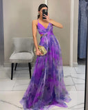 SHOPMOCHO-Elegant Print Pleated Mesh Evening Dress Sexy Off Shoulder Ins Vacation Long Dress Summer V Neck High Waist Backless Sling Dress
