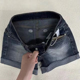 SHOPMOCHO Retro Roll Up Hem Deep Blue Denim Shorts Women Summer Sexy Low Rise Hip Covering Hot Pants American Distressed Washed Jean Short