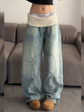 SHOPMOCHO American Retro Ribbed Waistband Loose Wide Leg Jeans Distressed Washed Straight-leg Jeans Harajuku Style Hot Girl Y2k Trousers