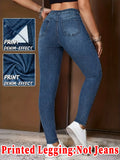 SHOPMOCHO Fashion Women Faux Denim Printed Skinny Pants, High Elastic Seamless Fake Pocket Casual Sports Long Leggings