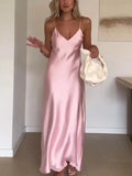Shopmocho Women Off Shoulder Pink Satin Maxi Dresses Fashion Sleeveless Backless Bodycon Hollow Out Gowns Female Evening Party Robes 2025