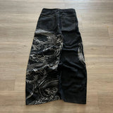 SHOPMOCHO New Black Wide Leg Denim Jeans Men Dragon Print Cherry Blossom Embroidery Vintage Washed Loose Harajuku Streetwear Casual Pants