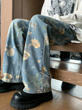 SHOPMOCHO High-Quality Large-Flower Jeans, Summer Thin Style, 2025 New High-Waisted Slimming Straight-Leg Loose Wide-Leg Pants