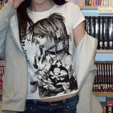 Shopmocho Y2k anime Streetwear O-neck 90s Text Printing Tops Women Harajuku Clothes Simple Vintage Crop Tee Aesthetic emo Casual T-shirt
