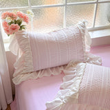Shopmocho Pink Korean Princess Style Lace Ruffles Bedding Set Skin-friendly Seersucker Duvet Cover Set Fitted Sheet/Bed Sheet Pillowcases