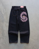 SHOPMOCHO Y2k Men Jeans Samurai Sword Cherry Blossom Embroidery Street Floor Pants Baggy Wide Leg Straight Leg High Waist Denim Jeans