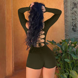 Shopmocho Hugcitar Long Sleeves Backless Solid Lace Up Sexy Slim Skinny Playsuit 2025 Fall Women Fashion Y2K Streetwear Party Club Rompe