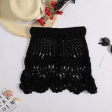 Shopmocho Handmade Crochet Hollow Out Swimwear Cover Up Solid Color Drawstring Short Skirt Women Holiday Knitting Sweet Beachwear