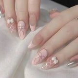SHOPMOCHO 24Pcs Pink Almond False Nails Butterfly Ballet with French Design Wearable Fake Nails Simple Artificial Press on Nails Tips Art