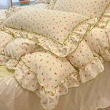 SHOPMOCHO 2/3Pc Korean Princess Style Floral Ruffles Bedding Set Single Queen Size Soft Skin-friendly Washed Cotton Duvet Cover Pillowcase