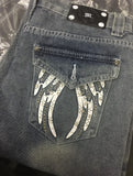 SHOPMOCHO Y2K  American Embroidery Diamond Fashion Retro Punk Low Waist Casual Jeans Blue Jeans Wings Pattern High Street Slim Leg Pants