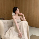 SHOPMOCHO-Temperament Apricot Suspender Dress Gentle Summer Vacation Style Waist Cinched Backless  Big Swing A-line Long Skirt Q147