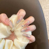 Shopmocho Handmade Press on Nails Blue Aurora Mermaid Fake Nail Patches Wearable Detachable French Pearl Almond False Nail Tips 10pcs