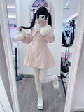 SHOPMOCHO Winter Design Fashion Elegant Pink Slim Woolen Cloth Coat Women Kawaii Sweet Warm Fur Collar Bow Lace Patchwork Casual Overcoat