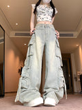 SHOPMOCHO Women's Blue Multi Pocket Cowboy Pants Cargo Y2K Japanese Harajuku Streetwear Aesthetics Retro 90S Jeans Pants Clothing 2025 New