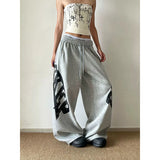 SHOPMOCHO Women Grey Baggy Wide Leg Sweatpants American Letter Print Pants Harajuku Japanese 2000s Style Vintage Y2k Casual Trouse