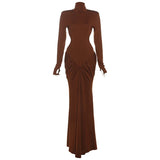 Shopmocho Weird Puss Backless Maxi Dress Women Shoulder Pads Long Sleeve Waistless Peach Buttocks Ruched Elegant Banquet Skinny Vestidos