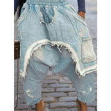 Shopmocho Women Jeans Harem Pants Hip Hop Punk Denim Pant Hole Elastic Waist Washed Distressed Pockets Streetwear 2025 Ripped Trousers