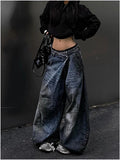 SHOPMOCHO Blue Womens Jeans High Waist Vintage Design Hip Hop Straight Baggy Denim Pants Street Y2K American Style Wide Leg Denim Trouser