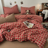 SHOPMOCHO Vintage Double Sided Red Plaid Bedding Set Skin-Friendly Soft Duvet Cover Set with Bed Sheet and Pillowcases for Single Double