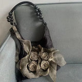 Shopmocho Chinese Style Rose Decor Shoulder Bags Fashion Commuter Tote Bags Classic Pleated Handbags High Quality Women Underarm Bags