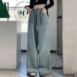 SHOPMOCHO Botvotee Elastic Waist High Waist Wide Leg Jeans for Women Loose Straight Blue Long Denim Pants Female Fashion Streetwear Jeans