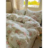 SHOPMOCHO Washed Cotton Duvet Cover Sets Single/Queen/king Flower Printed Bedding Set Princess Style e housse de couette 220x240 with Lace