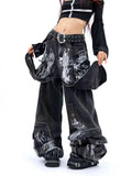 SHOPMOCHO American Oversized Retro Pocket Folding Jeans For Men And Women Washed Tie Dye Heavy Industry Gothic Hip-Hop Zipper Loose Jeans