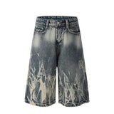SHOPMOCHO 2026 New Flame Graphic Print Denim Shorts For Men Hip Hop Fashion Straight-leg Baggy Jorts Punk Tie Dye Gradient Y2K Short Jean