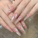 Shopmocho 24Pcs Almond Pure Handmade Press On Nails Full Cover Butterfly French Pearl Diamond False Nails Wearable Manicure Nail Tips Art