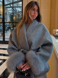 SHOPMOCHO American Fashionable V-neck Lapel Furry Sleeves Lace-up Long-sleeved Woolen Coat Elegant Lace-up Long-sleeved Wool Coat